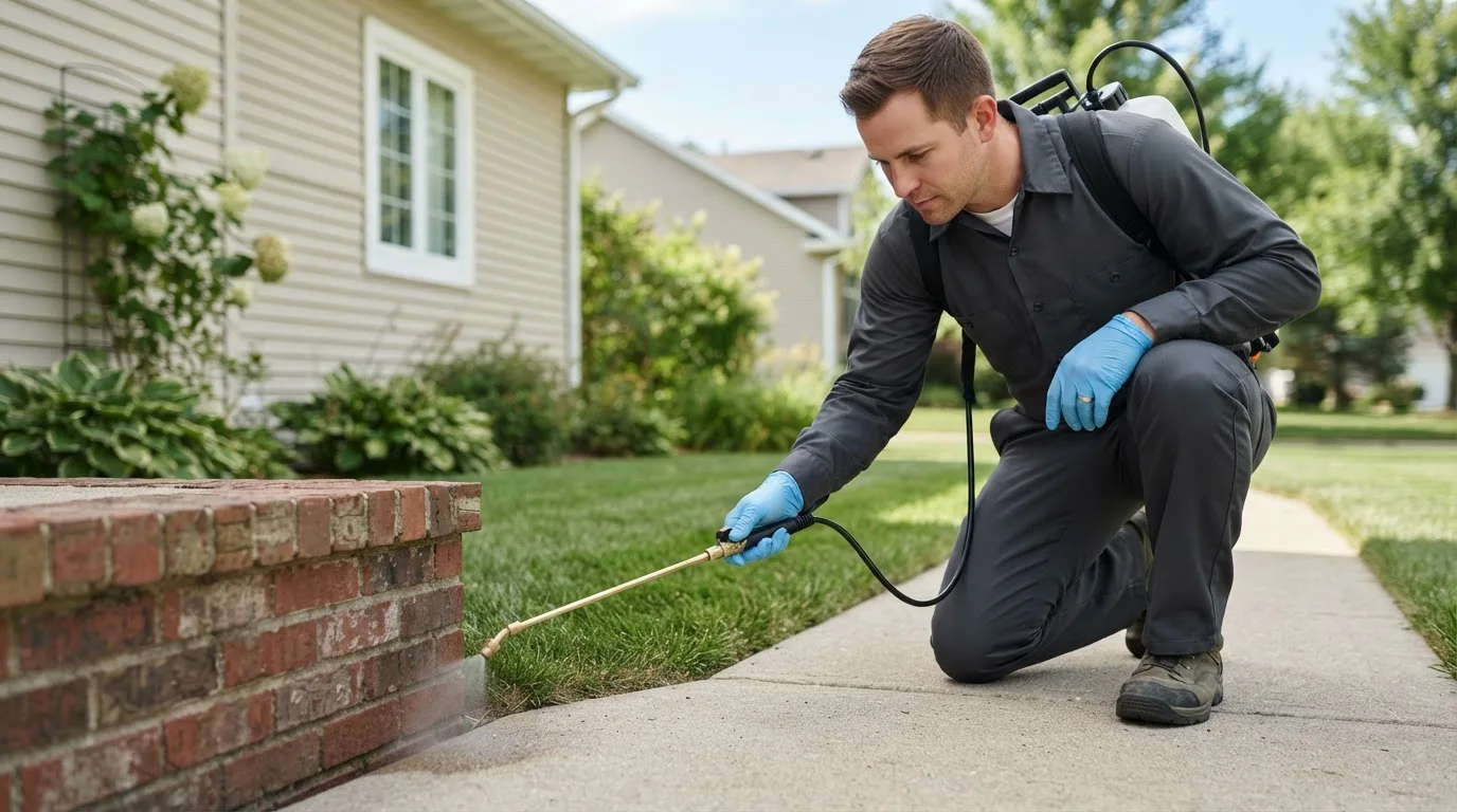 Pest control technician treating a home near Walhalla, MI